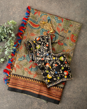 Kalamkari saree on Tussar Silk - paired with a lovely heavy thread work blouse