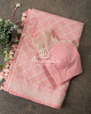 Pretty Pink Organza saree with beautiful net blouse with intricate hand embroidery