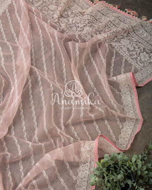 Pretty Pink Organza saree with beautiful net blouse with intricate hand embroidery