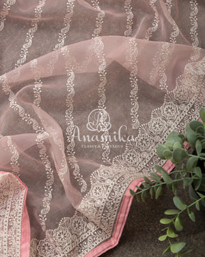 Pretty Pink Organza saree with beautiful net blouse with intricate hand embroidery