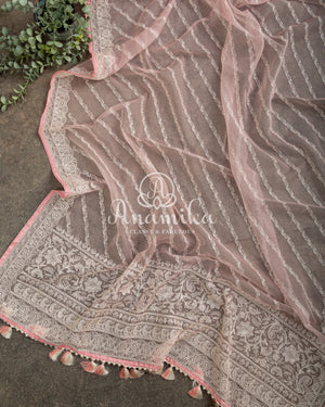 Pretty Pink Organza saree with beautiful net blouse with intricate hand embroidery