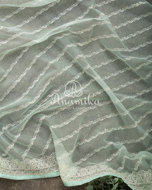 Mint Green Organza saree with beautiful net blouse with intricate hand embroidery