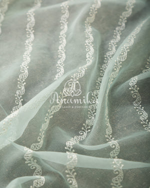 Mint Green Organza saree with beautiful net blouse with intricate hand embroidery