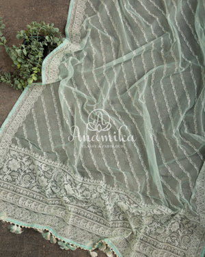 Mint Green Organza saree with beautiful net blouse with intricate hand embroidery