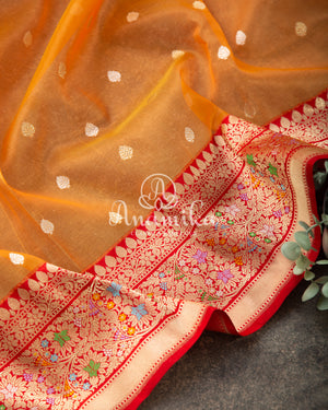 Tangerine Orange Kora Banarasi saree with beautiful red handwork blouse