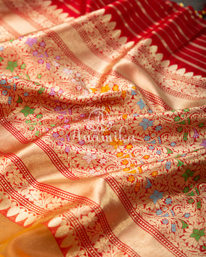 Tangerine Orange Kora Banarasi saree with beautiful red handwork blouse