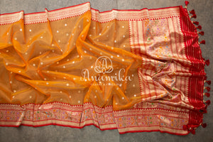 Tangerine Orange Kora Banarasi saree with beautiful red handwork blouse