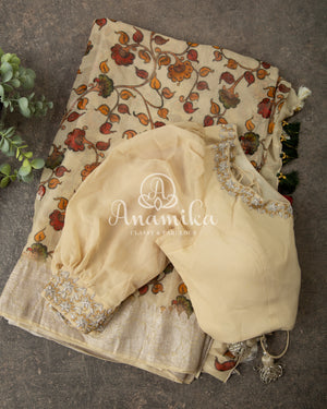 Cream Kalamkari Georgette saree with Balloon/Puff sleeves blouse