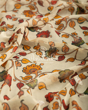 Cream Kalamkari Georgette saree with Balloon/Puff sleeves blouse