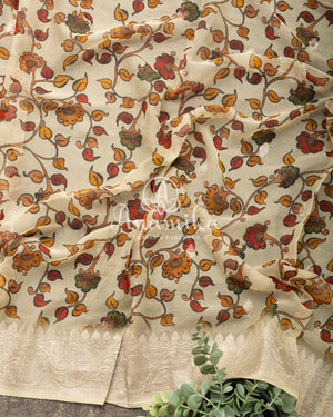 Cream Kalamkari Georgette saree with Balloon/Puff sleeves blouse