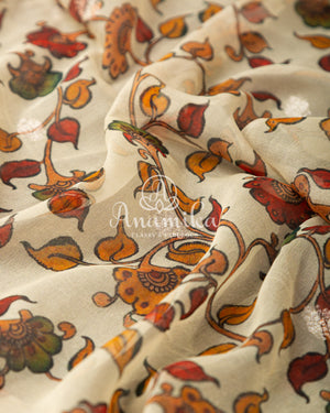 Cream Kalamkari Georgette saree with Balloon/Puff sleeves blouse
