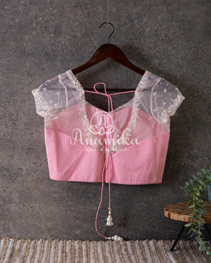 Pretty Pink Organza saree with beautiful net blouse with intricate hand embroidery