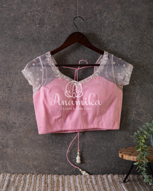 Pretty Pink Organza saree with beautiful net blouse with intricate hand embroidery