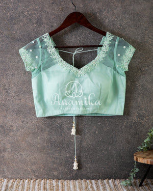 Mint Green Organza saree with beautiful net blouse with intricate hand embroidery