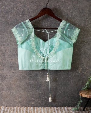 Mint Green Organza saree with beautiful net blouse with intricate hand embroidery