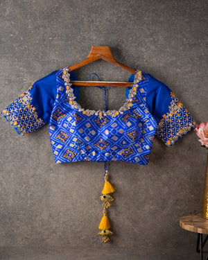 Royal Blue Ikkat Pure Silk Blouse with handwork