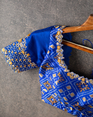 Royal Blue Ikkat Pure Silk Blouse with handwork