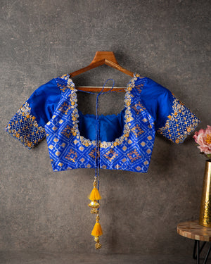 Royal Blue Ikkat Pure Silk Blouse with handwork