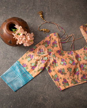 Pastel Yellow Blue Mangalagiri Silk saree with a pure silk floral blouse