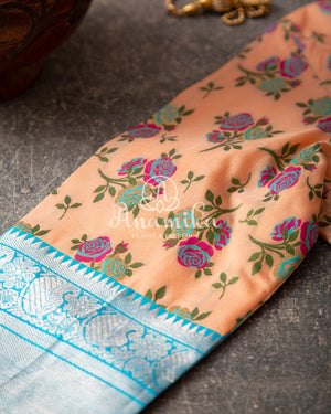 Pastel Yellow Blue Mangalagiri Silk saree with a pure silk floral blouse