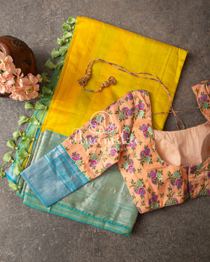 Pastel Yellow Blue Mangalagiri Silk saree with a pure silk floral blouse