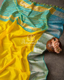 Pastel Yellow Blue Mangalagiri Silk saree with a pure silk floral blouse