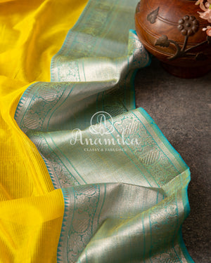 Pastel Yellow Blue Mangalagiri Silk saree with a pure silk floral blouse