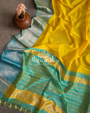 Pastel Yellow Blue Mangalagiri Silk saree with a pure silk floral blouse
