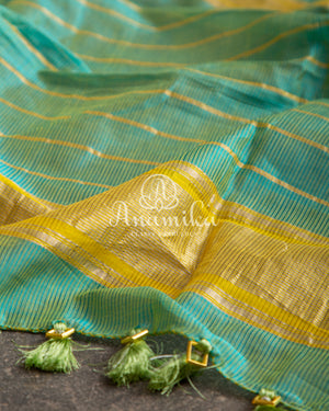 Pastel Yellow Blue Mangalagiri Silk saree with a pure silk floral blouse