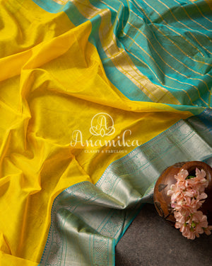 Pastel Yellow Blue Mangalagiri Silk saree with a pure silk floral blouse