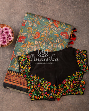 Kalamkari saree on Tussar Silk - paired with a lovely heavy thread work blouse