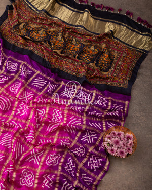 Purple/Pink shaded Gaji silk bandini with pichwai print pallu