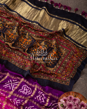 Purple/Pink shaded Gaji silk bandini with pichwai print pallu