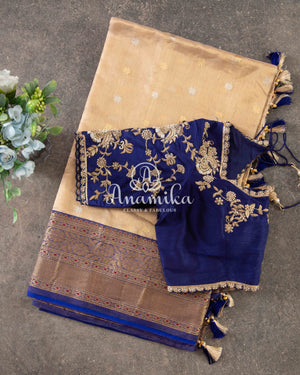 Classic tissue chanderi in beige with a contrast dark blue border