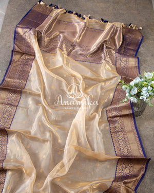 Classic tissue chanderi in beige with a contrast dark blue border