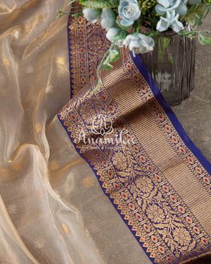 Classic tissue chanderi in beige with a contrast dark blue border