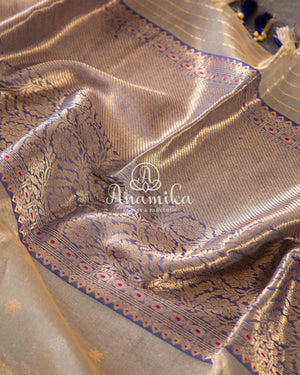 Classic tissue chanderi in beige with a contrast dark blue border