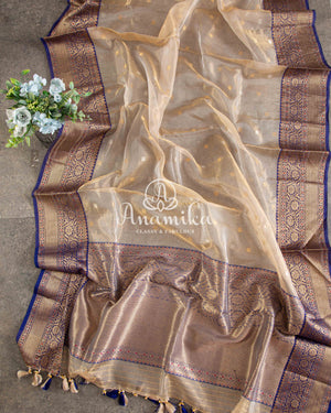 Classic tissue chanderi in beige with a contrast dark blue border