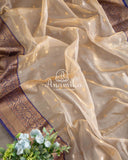 Classic tissue chanderi in beige with a contrast dark blue border