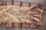 Classic tissue chanderi in beige with a contrast dark blue border