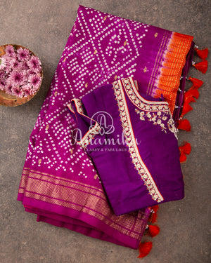 Purple Bandini Pure Silk saree with a lovely paithani border - purple pearl work blouse