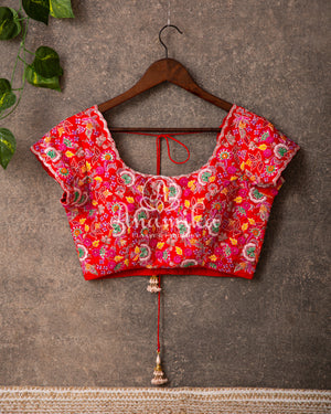 Lavender Georgette saree with handwork scallop border and a contrast red heavy work blouse