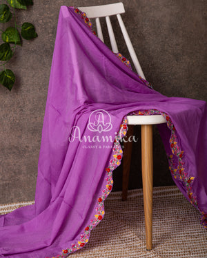 Lavender Georgette saree with handwork scallop border and a contrast red heavy work blouse