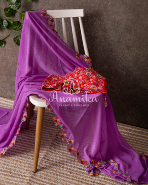 Lavender Georgette saree with handwork scallop border and a contrast red heavy work blouse