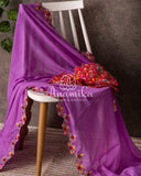 Lavender Georgette saree with handwork scallop border and a contrast red heavy work blouse