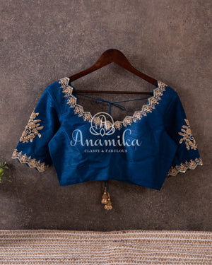 Dark Blue rawsilk blouse with gold embroidery