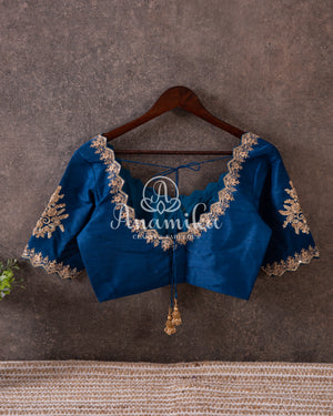 Dark Blue rawsilk blouse with gold embroidery