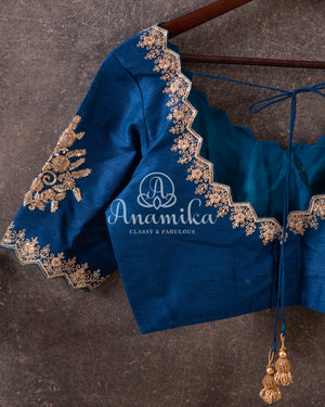 Dark Blue rawsilk blouse with gold embroidery