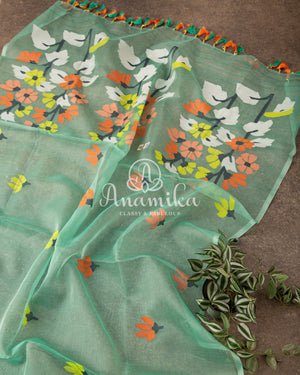 Mint Green Kora Jamdaani Saree with a beautiful Sequins Handwork Blouse