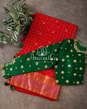 Beautiful Red Chanderi Silk Saree with a contrast green full sleeves handwork blouse